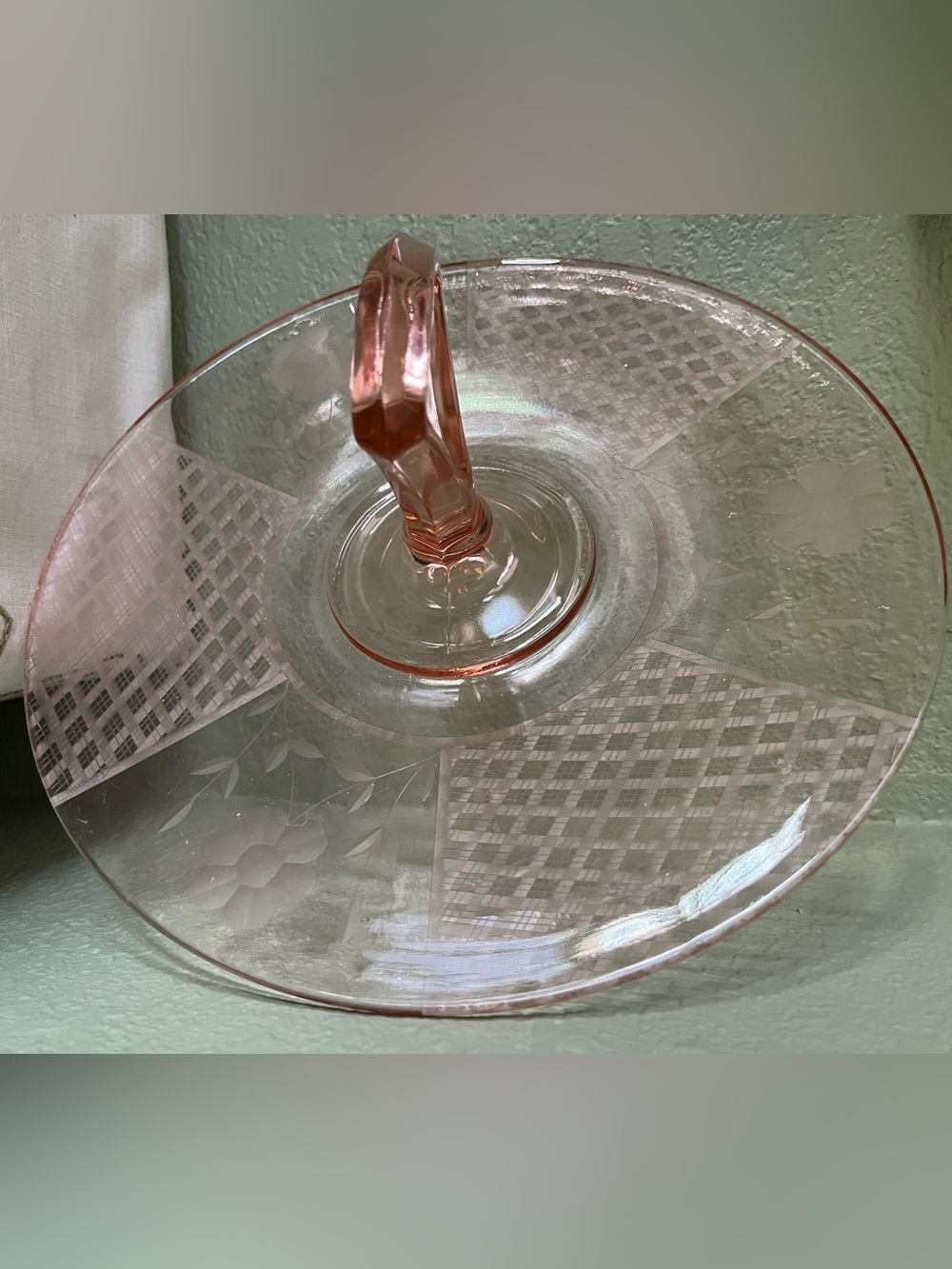 Vintage Pink Depression Glass Center Handle Tray Etched Rose Plaid 11.5”